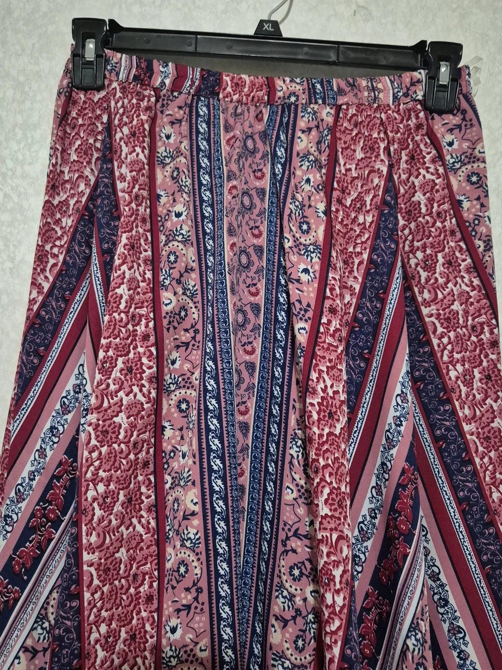 Bohemian Pink Patterned Maxi Skirt with Navy Accents